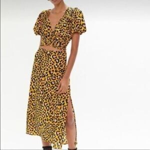 RAHI Stacey Leopard print plunging cropped top and midi skirt XS Cheetah BoxI